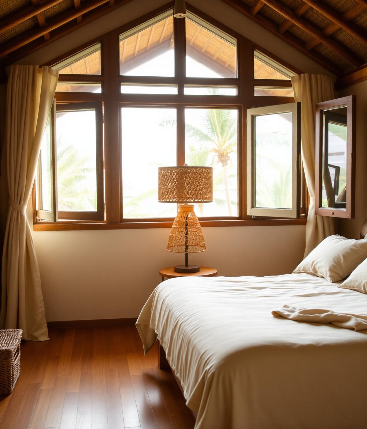 Sunlit tropical villa bedroom with linen bedding and rattan lamp